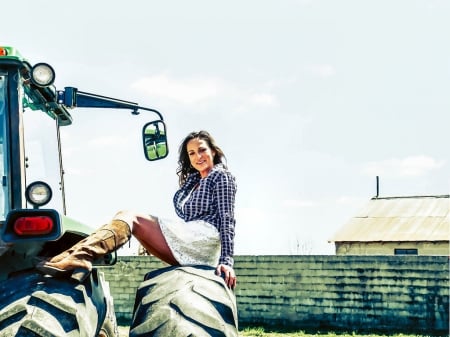 Tractor Ride . . - style, western, women, tractor, models, ranch, outdoors, brunettes, cowgirl, fun, female, boots