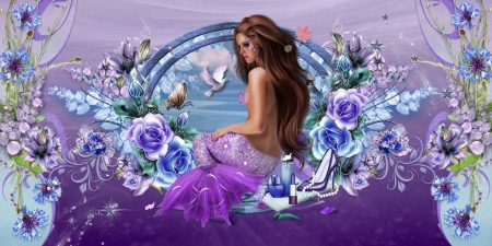 BEAUTIFUL MERMAID - purple, female, mermaid, blue, flowers