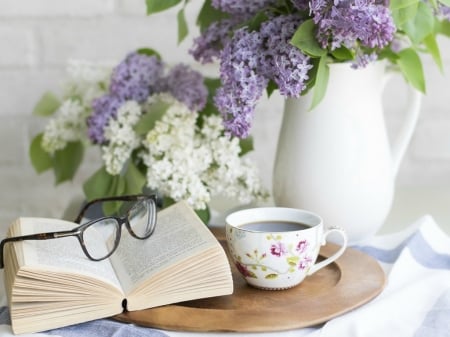 MORNING TEA - lilacs, tea, book, cup