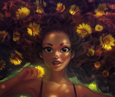 Sungirl - amand duarte, redhead, sungirl, summer, fantasy, face, yellow, luminos, flower