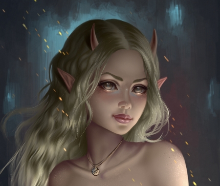 Lulie - aoleev, fantasy, horns, face, art, lulie, luminos, blonde, demon