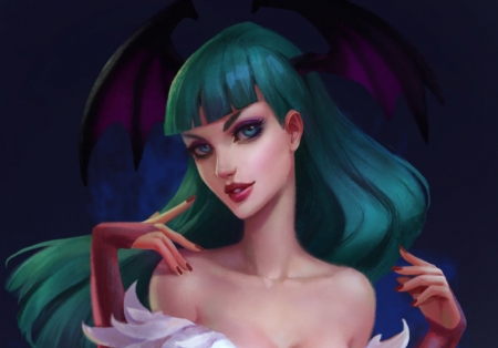 Morrigan - anna maystrenko, girl, morrigan, vampire, fantasy, green, art, luminos, demon