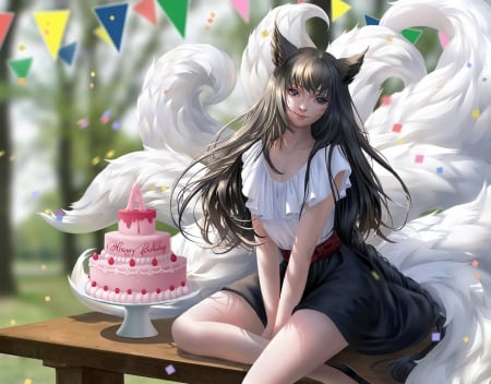 Ahri - girl, white, fox, cake, pink, chubymi, nine tails, birthday, ahri