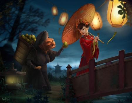 Chinese night - blue, old woman, girl, orange, lantern, chinese night, clement meriguet, fantasy, fruit, apple, art, luminos