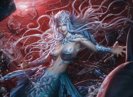 Mermaid - girl, mermaid, red, siren, blue, fantasy, cloud d