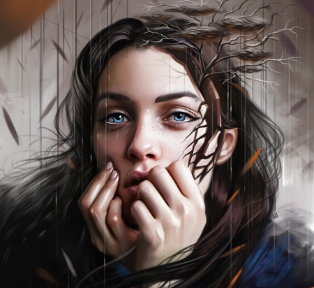 Autumn - portrait, girl, yasar vurdem, fantasy, hand, autumn, rain, art, luminos