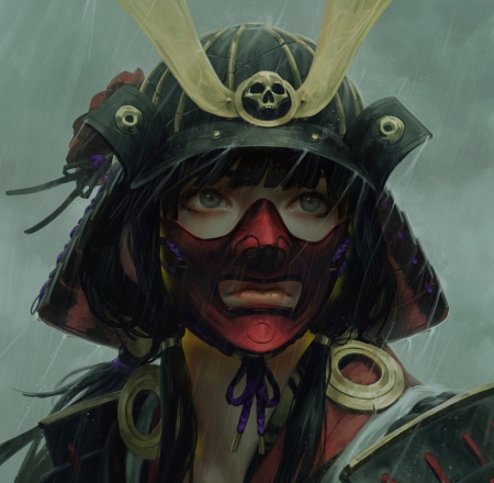 Warrior - helmet, rain, guweiz, fantasy, face, art, red, luminos, green