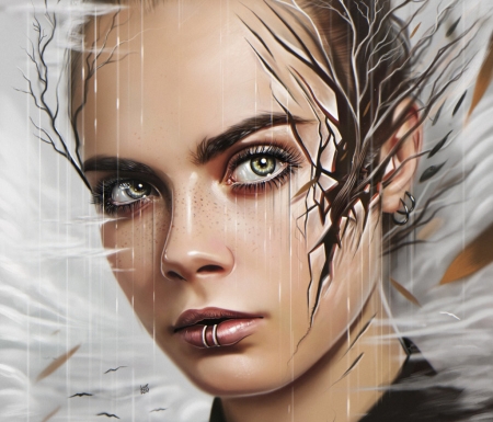 Autumn - white, face, autumn, art, luminos, yasar vurdem, portrait, fantasy