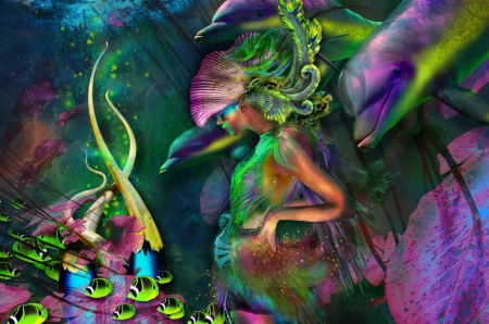 Garden of dreams - summer, dolphin, girl, pink, fantasy, green, katherine gray, pesti, fish, vara