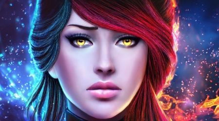 Guild Wars - girl, eyes, fantasy, magicnaanavi, face, guild wars, red, luminos, blue