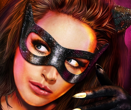 Catwoman - mask, girl, eyes, black, fantasy, face, mark armstrong rand, pink, catwoman, luminos