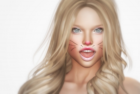 Catgirl - rendering, cat, girl, pisica, fantasy, white, face, luminos, pink, blonde