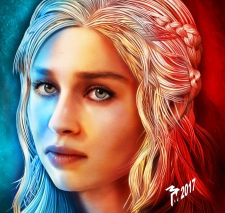 Daenerys - game of thrones, blue, portrait, girl, blonde, mark armstrong rand, daenerys targaryen, red, mother of dragons, princess, face