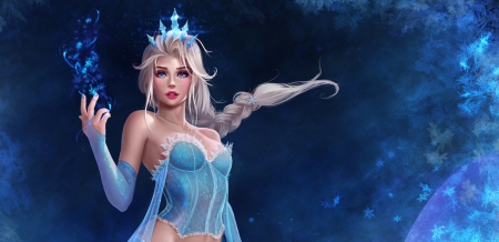 Elsa - snow queen, winter, frumusete, fantasy, fanart, hand, luminos, elsa, blue, disney, prywinko