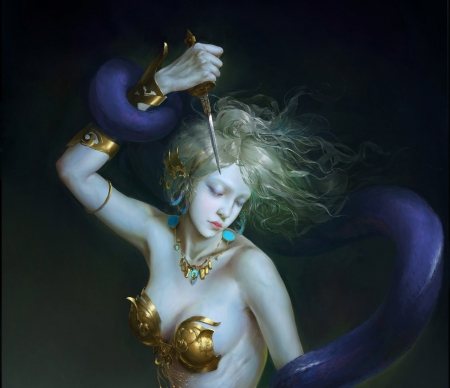 Goddess - goddess, fantasy, weijia yu, blakc, hand, luminos, snake, art