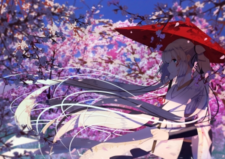 Yuki Miku - red, flower, pink, spring, anime, girl, umbrella, manga, yuki miku