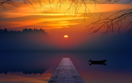 Sunset - lake, sunset, landscape, boat