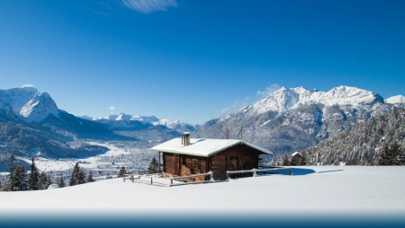 Winter in German Alps - trees, landscape, snow, cabin, mountains