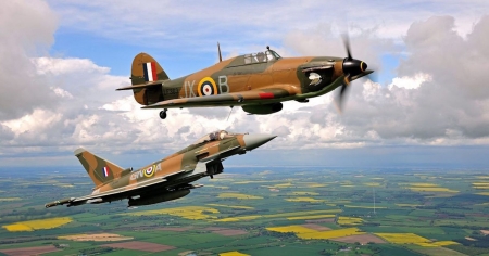 RAF Typhoon With  RAF WWII Spitfire - jet, military, typhoon, spitfire, aircraft, ww2, vintage, war