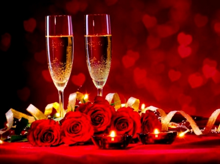 Valentine Day For Two - two, roses, red, day, valentine, for, gold