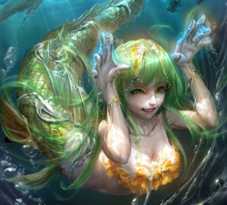 Mermaid - yellow, summer, blue, girl, fantasy, siren, coldrim, mermaid, green