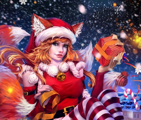 Christmas Cysh - hat, blue, fox, girl, cysh, christmas, frumusete, santa, fantasy, alexandra cvetkova, craciun, red, luminos