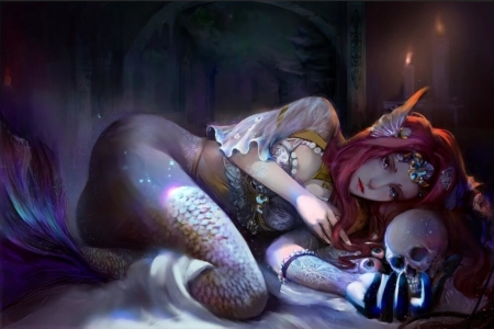 Mermaid - kayu chan, summer, blue, girl, skull, fantasy, siren, redhead, mermaid, luminos