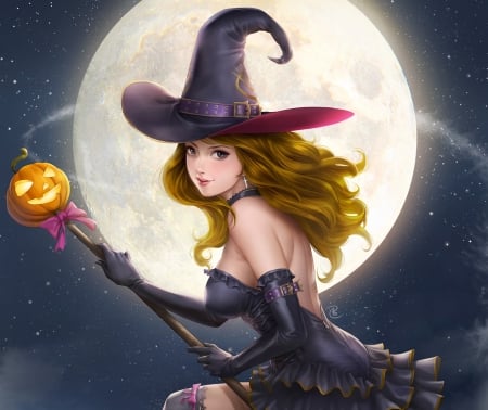 Witch - moon, girl, hat, fantasy, witch, halloween, luminos, john law, luna