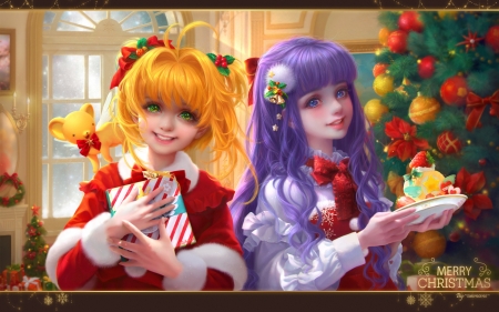 Sakura Christmas - red, craciun, blonde, yellow, sakura, girl, frumusete, christmas, sunmomo, fantasy, tree, luminos, couple