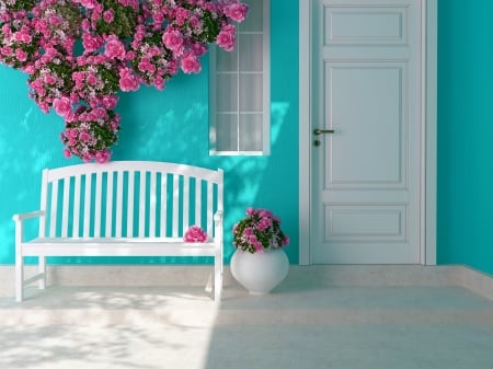 :) - door, white, summer, blue, flower, pink