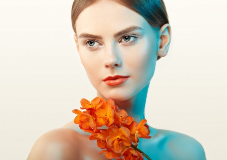 Beauty - face, flower, model, oleg gekman, orange, girl, woman, blue