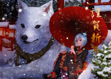 Chinese Zodiac ~ Dog - anime, winter, chinese zodiac, girl, dog, manga, white, umbrella, red, konkito, caine