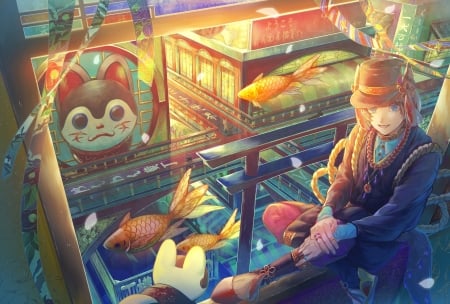 Anime - manga, anime, blue, girl, orange, fish, tagme, cat