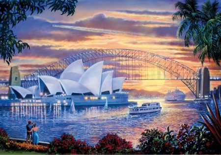 Sydney Sunset - harbour, bay, ferry, cruise liner, quay, sydney, opera house, bridge, water, sunset