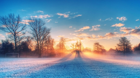 Sunset in Winter - clouds, trees, winter, road, snow, frosty, frozen, sunset, nature, sky