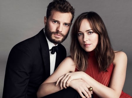 Jamie Dornan and Dakota Johnson - actor, Dakota Johnson, girl, Jamie Dornan, man, fifty shades, actress, black, red, woman, couple