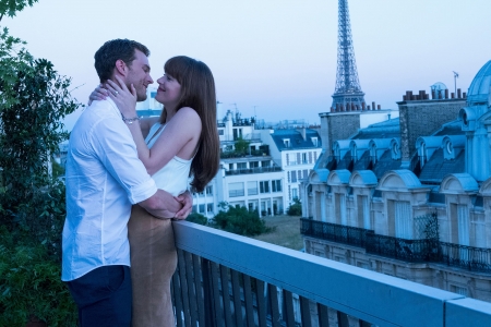 Fifty Shades Freed (2018) - woman, fifty shades freed, actress, couple, eiffel tower, movie, girl, paris, jamie dornan, dakota johnson, man, blue, actor