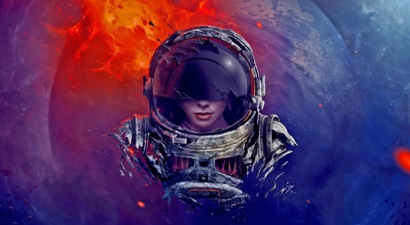 Astronaut - helmet, girl, red, blue, astronaut, fantasy