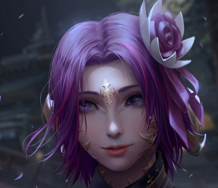 Elanie Luciole - elanie luciole, chubymi, girl, flower, final fantasy, fantasy, purple, face, luminos