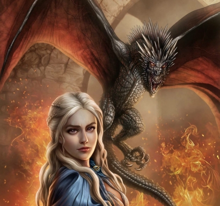 Mother of dragons - game of thrones, girl, orange, daenerys targaryen, fantasy, dragon, fire, wings, cris ortega, luminos