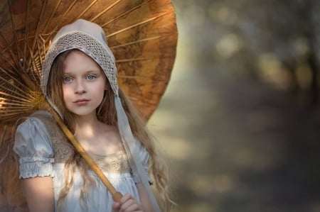 Little girl with parasol - umbrella, hood, girl, marta obiegla, golden, copil, child