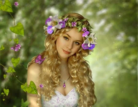 Beauty - ennya7, girl, frumusete, wreath, fantasy, pink, luminos, green, flower, blonde