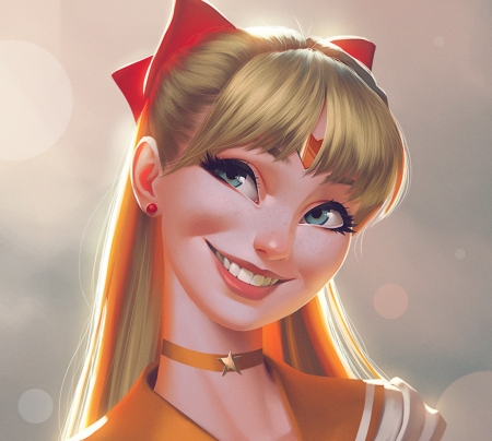 Sailor Venus - anime, portrait, girl, blonde, sailor moon, manga, fantasy, smile, red, face, bow, sailor venus, luminos, leandrofranci