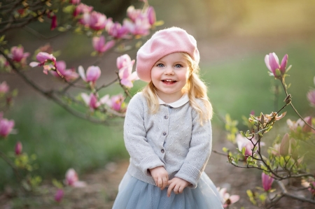 Cute little girl - hat, girl, child, copil, spring, pink, blue, magnolia, olga tankova, cute, dress, flower