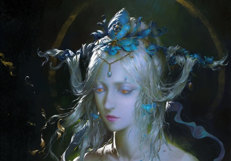 Goddess - lotus, blue, portrait, jewel, frumusete, black, fantasy, goddess, liu mai shen jian, face, art, asian, luminos