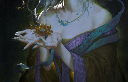 Lotus flower - lotus, blue, flower, frumusete, fantasy, hand, goddess, liu mai shen jian, golden, art, luminos