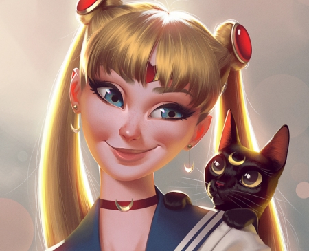 Sailor Moon - moon, lenadrofranci, cat, black, pisica, fantasy, serenity, sailor moon, face, portrait, luminos, anime, luna, blonde, manga