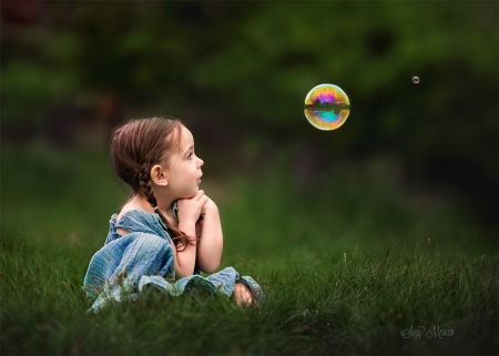 Little girl - summer, green, bubbles, girl, little, copil, child