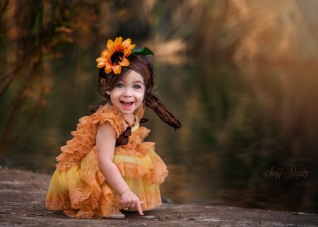 Little girl - sunflower, girl, summer, child, copil, suzy mead, orange, smile, cute, little, dress