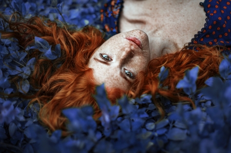 Redhead - redhead, summer, blue, woman, freckles, model, girl, orange